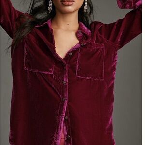 Pilcro Anthropologie Hadley Button-Down Shirt Velvet Edition Fuchsia Pink